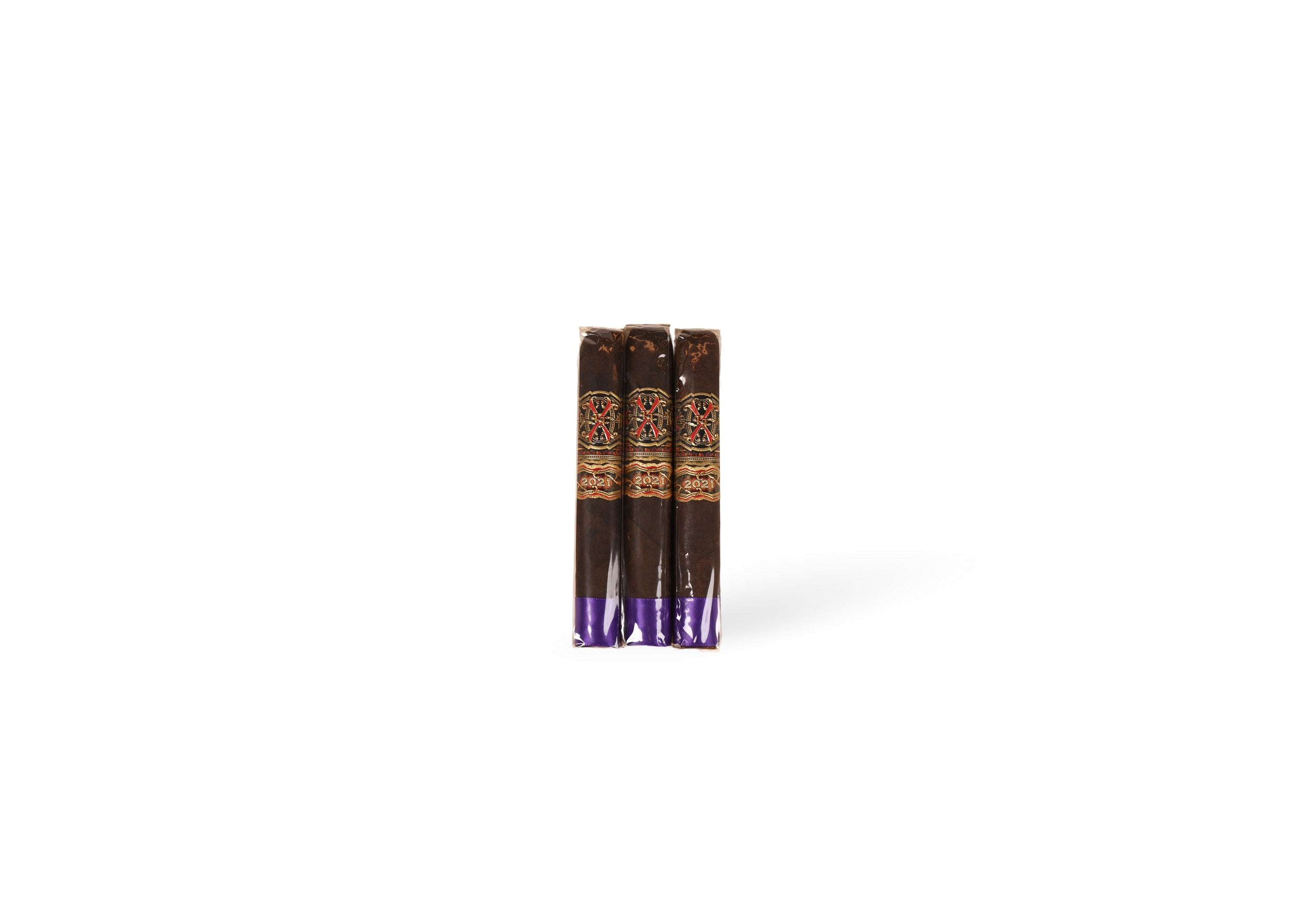 Arturo Fuente Forbidden X Heaven and Earth FFOX Purple Rain three cigars front