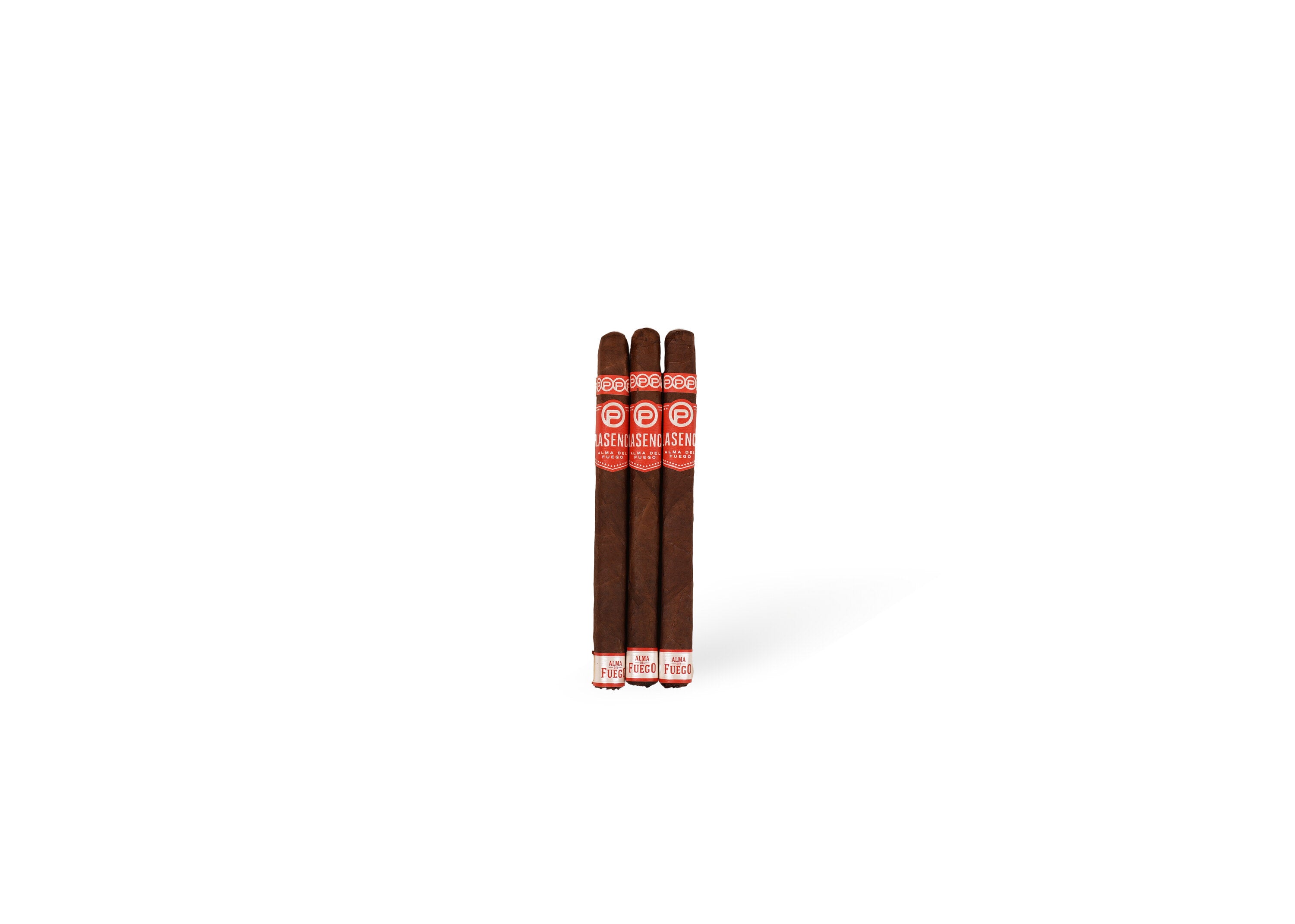Three Plasencia Alma del Fuego Concepcion cigars standing upright with red Plasencia bands and Alma del Fuego foot bands on white background