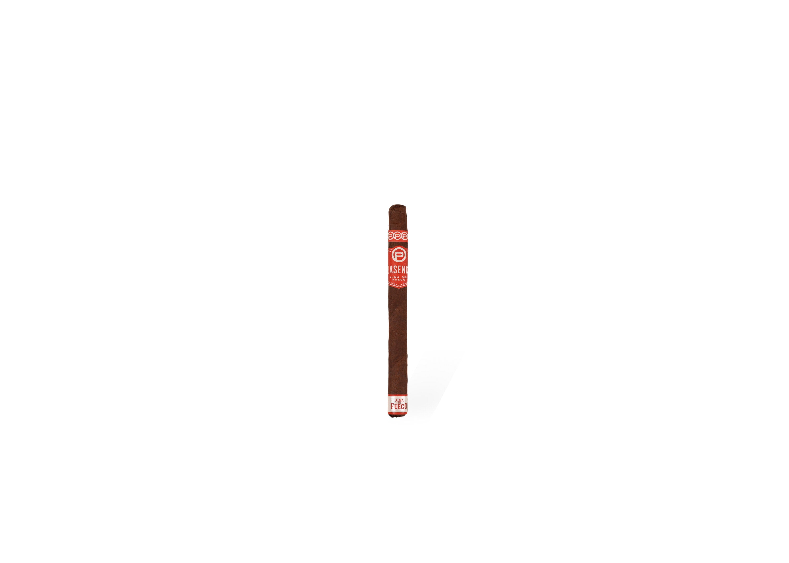 Plasencia Alma del Fuego Flama single cigar front with red Plasencia band and Alma del Fuego foot band on white background